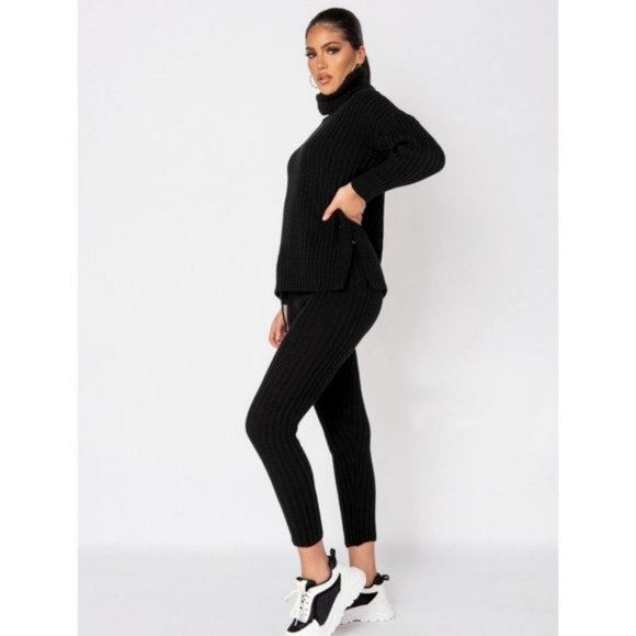 Black Knitted Long Sleeve Turtle Neck Sweater Top and Leggings Two Piece Set - Picture 6 of 8